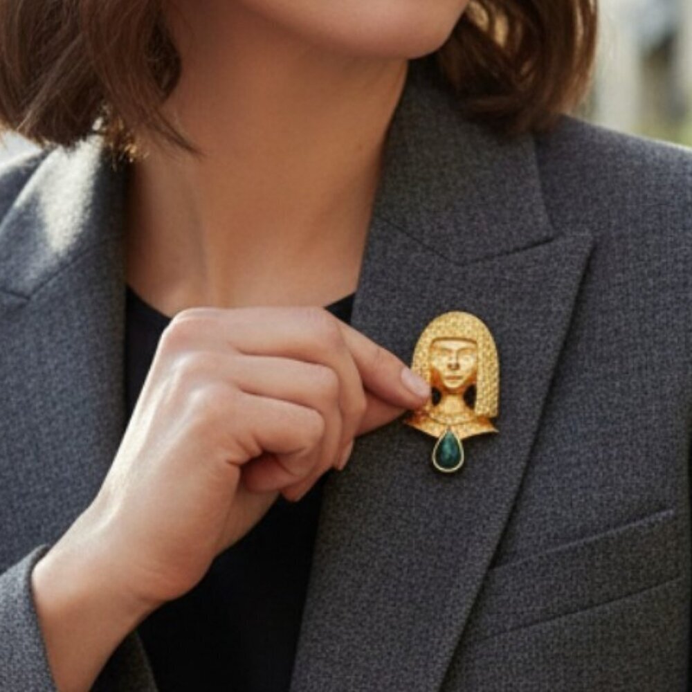 Margot Townsend Gold Egyptian Face Emerald Color Inverted Teardrop Stone